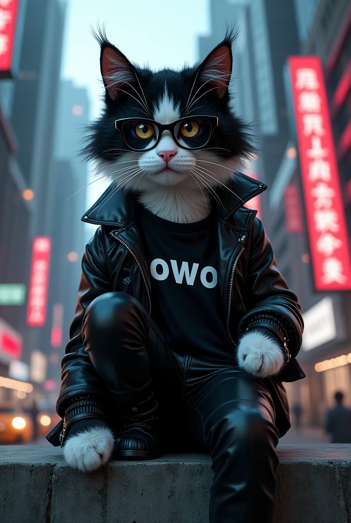 anthropomorphic black and white male cat with soft and fluffy fur & rocker style black glasses, Sitting on the concrete wall in cyberpunk city, write 'oWo' on his black shirt and leather pants and boots, cinematic color grading, dramatic lighting