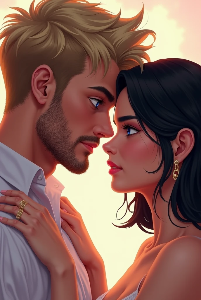 Imagine a cover in pastel tones, I want my protagonists to appear on the cover, A man with blond hair, disordered, tall blue eyes, marked jaw, prominent factions,I want her to be looking into the eyes of my female protagonist with shoulder-length black, semi-wavy hair, dark brown eyes, both with fine features, that in the photograph you can see sexual tension between them, something sensual. He fondles the features of the woman and tenses the man's, noting her femininity and his masculinity.. Take the ring off the man, only my female protagonist with hoop.
Remove the man's beard and I want his blue eyes to show love and be noticeable and the woman MAKE HER WITH DARK EYES AND MORE SIMILAR TO THE ONE IN THE PREVIOUS IMAGE.
Dark eyes in women, She uses this same image but she has DARK EYES. SHE USES THESE SAME QUALITIES BUT WITH THE PREVIOUS PHOTO, I LIKED THAT ONE MORE