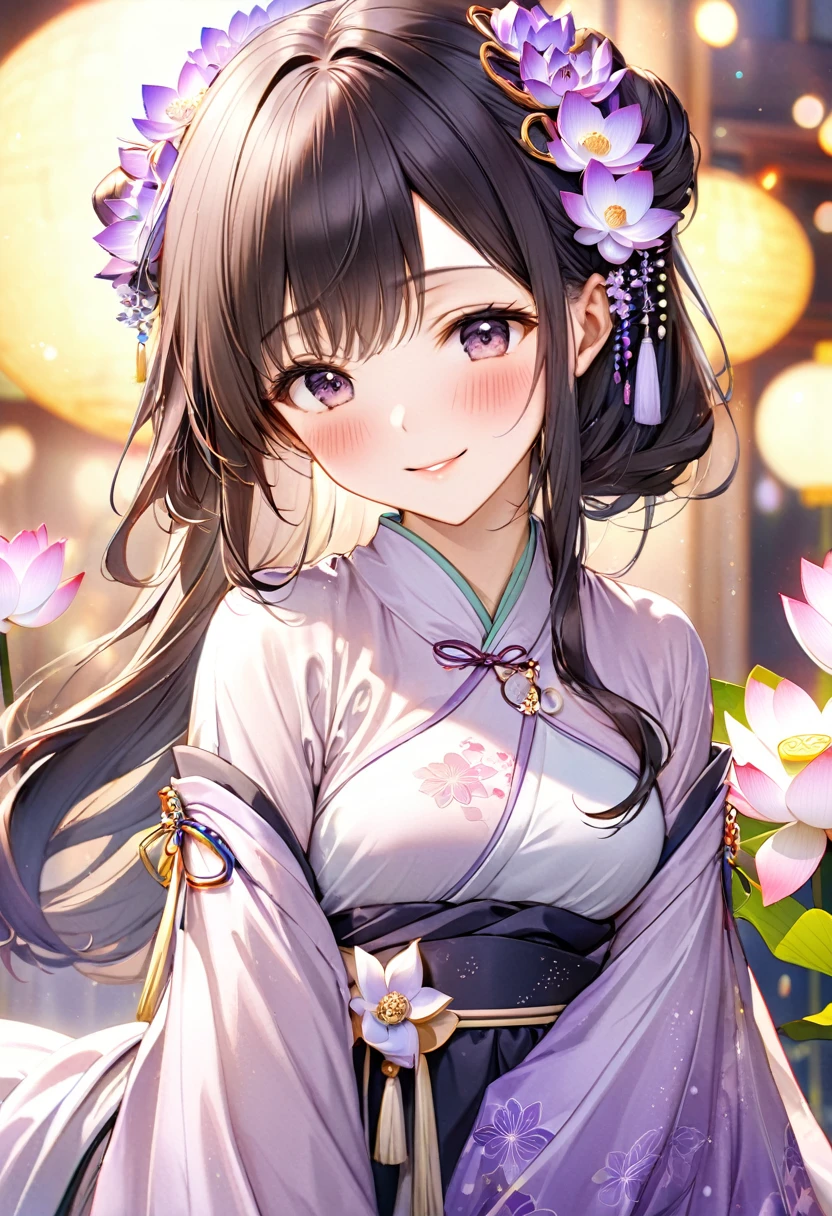 Excellent quality, work of art, High Resolutiabout, 1 girl, blush, (seducing smile: 0.8), Star Student, Chinese Hanfu Lilac, hair accessories, necklase, jewerly, Beauthfull, about_cos, Tyndall effect, 真实感, Lotus Paboutd, clear edge, Two-taboute Lighting, (high detail skin: 1.2), 8k hd, dslr, smooth light, high qualiy, volumetric lighting, candid photo, High Resolutiabout, 4K, 8k, Background bokeh
