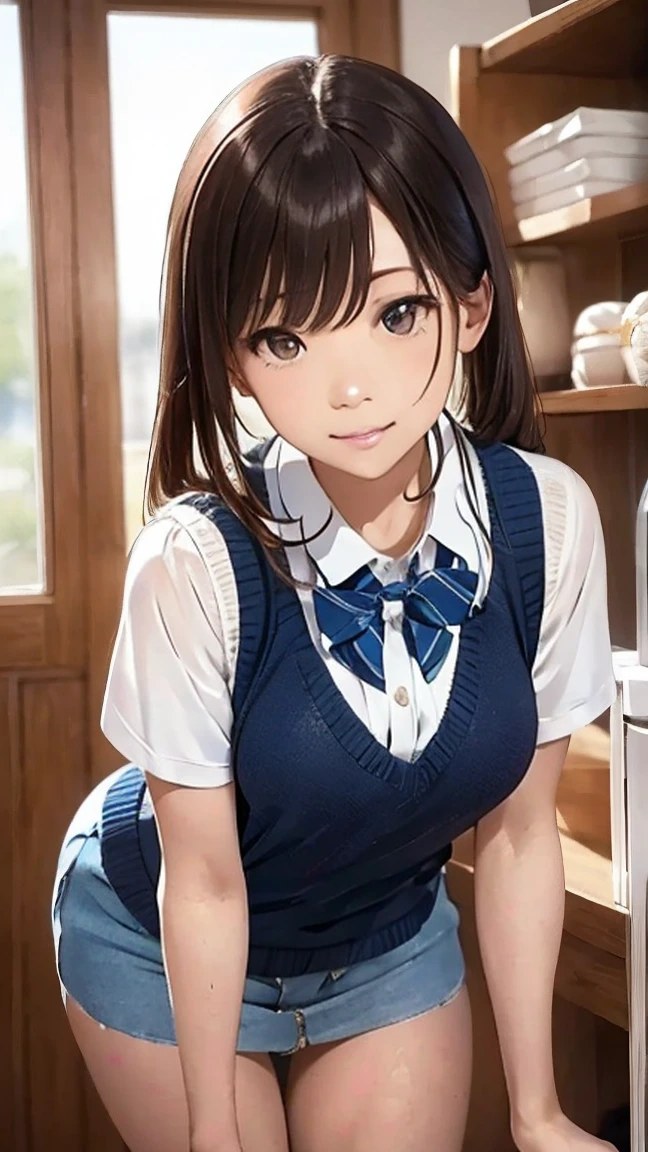 (masterpiece:1.2, Highest quality), (Realistic, Photorealistic:1.4), Beautiful illustrations, (Natural Side Lighting, Cinema Lighting), Written boundary depth, Looking at the audience, Front view, 1 person, English, high school girl, 20-year-old, Perfect Face, Symmetrical cute face, Glowing Skin, Spread your legs, (ボブヘア:1.7, ブロンド), Asymmetrical bangs, Big eyes, Droopy eyes, long eyelashes ), thin, Beautiful Hair, Beautiful Face, Beautiful and beautiful eyes, Beautiful clavicle, Beautiful body, Beautiful thighs, Beautiful legs, Beautiful fingers, ((High quality fabric, Brown knitted vest, Short sleeve white collar shirt, ネイビーのプリーツスカート, Navy bow tie)), (Beautiful views), evening, (Inside the flower shop), Are standing, (smile, wonderful, Open your mouth), (((スカートめくり, ズボンがない,  are visible))), Full Body Shot, Dark blue socks,  Face,