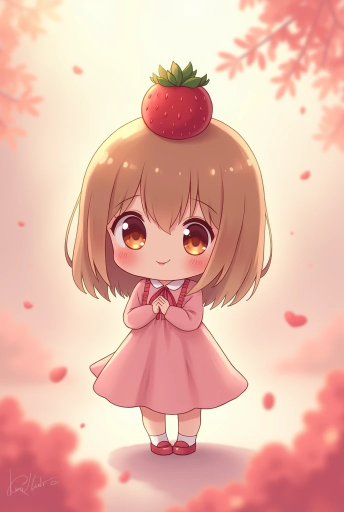 Anime chibi girl with a strawberry hat in pink light brown hair brown eyes pink dress
