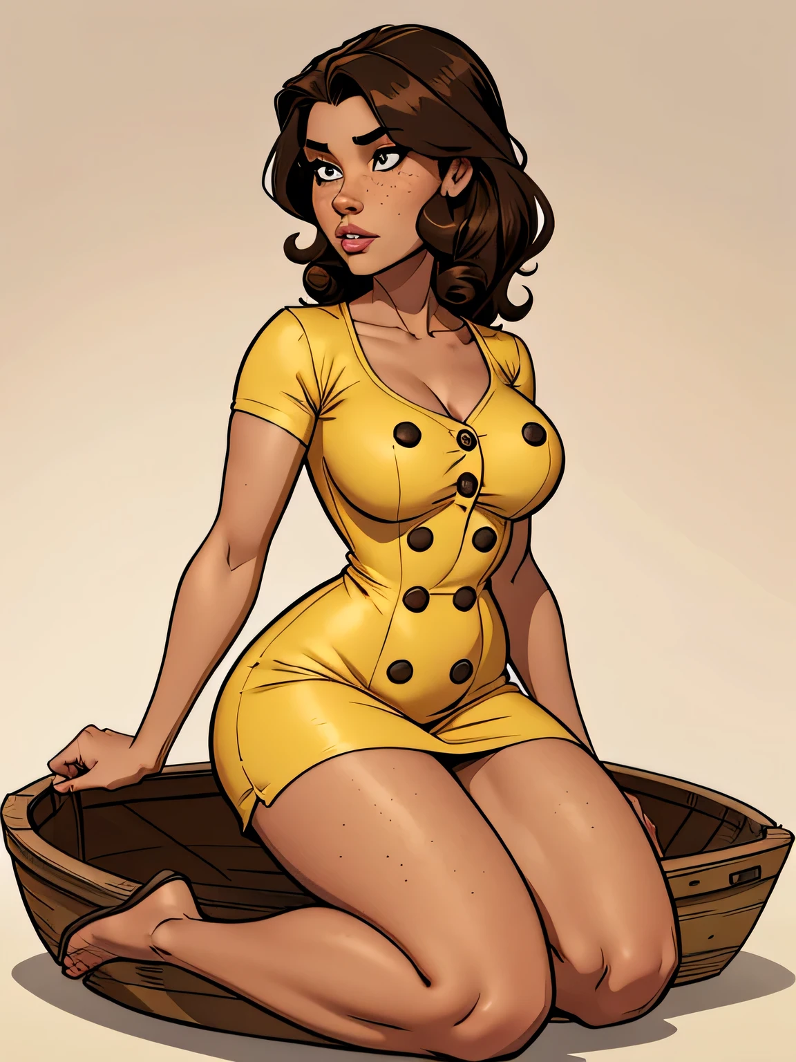 Thin woman, age 25, 4K (High definition), thoughtful, seducing gaze, eyes browns, wearing a yellow dress with a boat neck (with golden buttons) and short sleeves, arms positioned at the side of the body, brown skin, black curly hair to the shoulders, bare-kneeled, full of curves with freckles on her chest and neck, round breasts. High-quality Marvel style, white background.