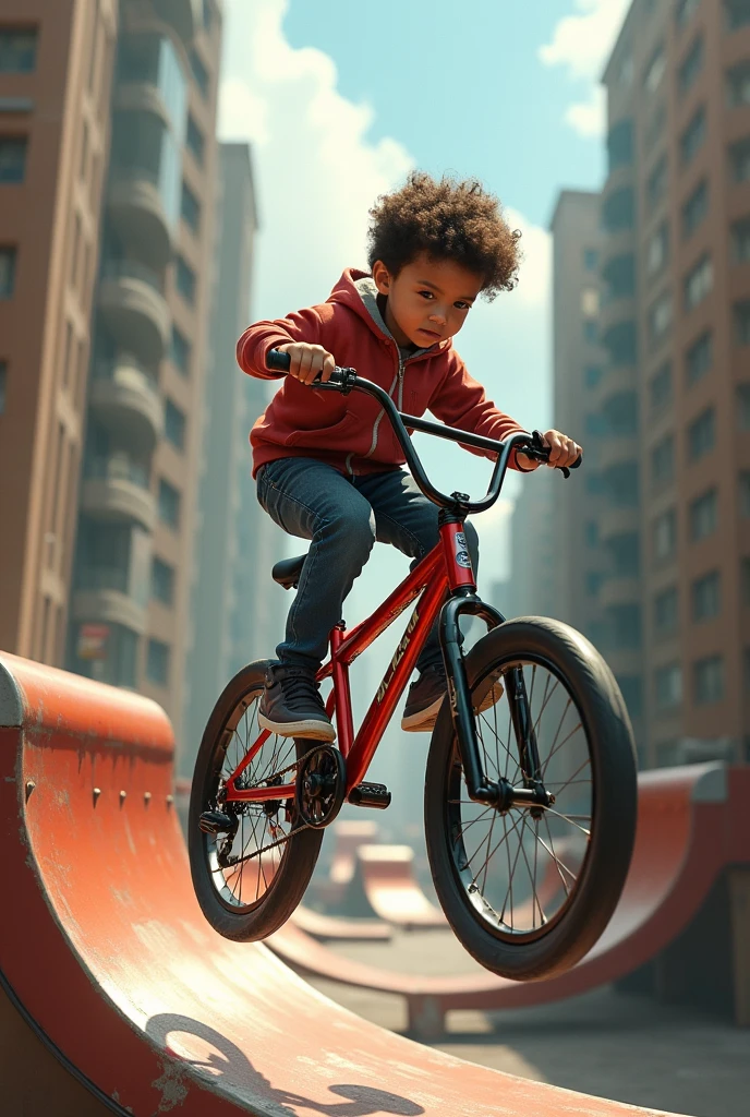 a child riding a bike doing jumps in incredible ways, intrincado detalhado, motion-blur, dynamic movement