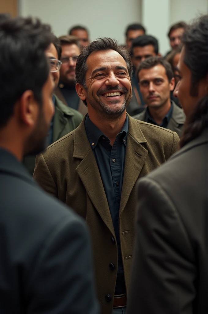The group looks at Tiago, preoccupied, as he smiles enthusiastically.