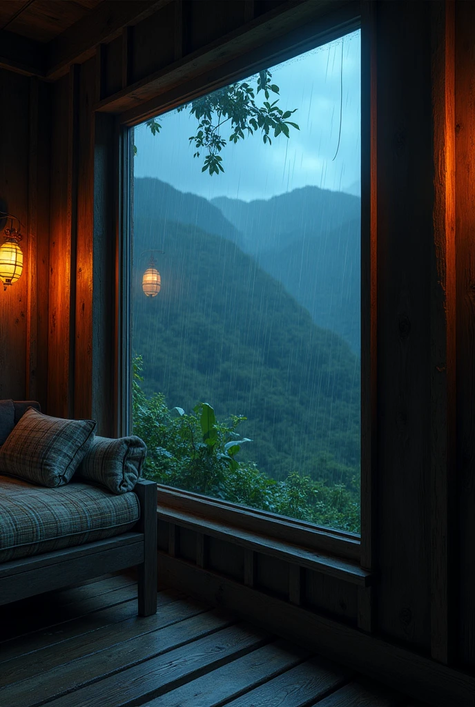 A rainy night in Mountain Cabin window in Jamaica. more Heavy rain effects with 0 people. Outside a little darker.