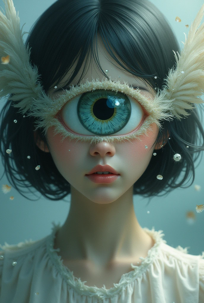 dreamcore girl with one eye giant on his face, short black hair, she has only one giant eye, and around the eye there are wings