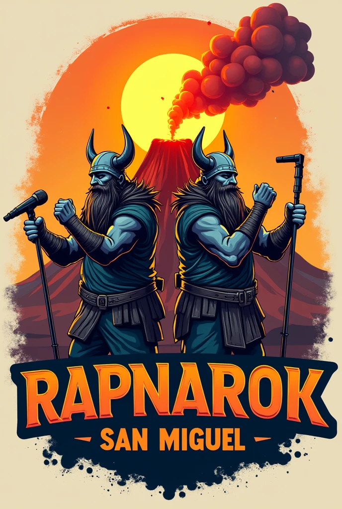Freestyle logo that says rapnarok san miguel, that has Vikings rapping, a volcano, a sun and a garrobo