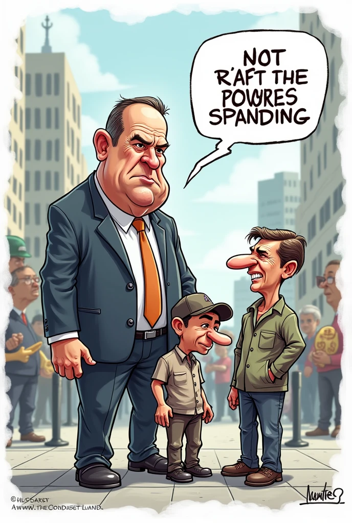 Crie uma charge em inglês com o tema:
Politician: "Another cut in public spending... who would have thought that saving money was so profitable!"

Citizen 1: "It seems the only cut he knows is our hope.
Citizen 2: "And our salaries too!"