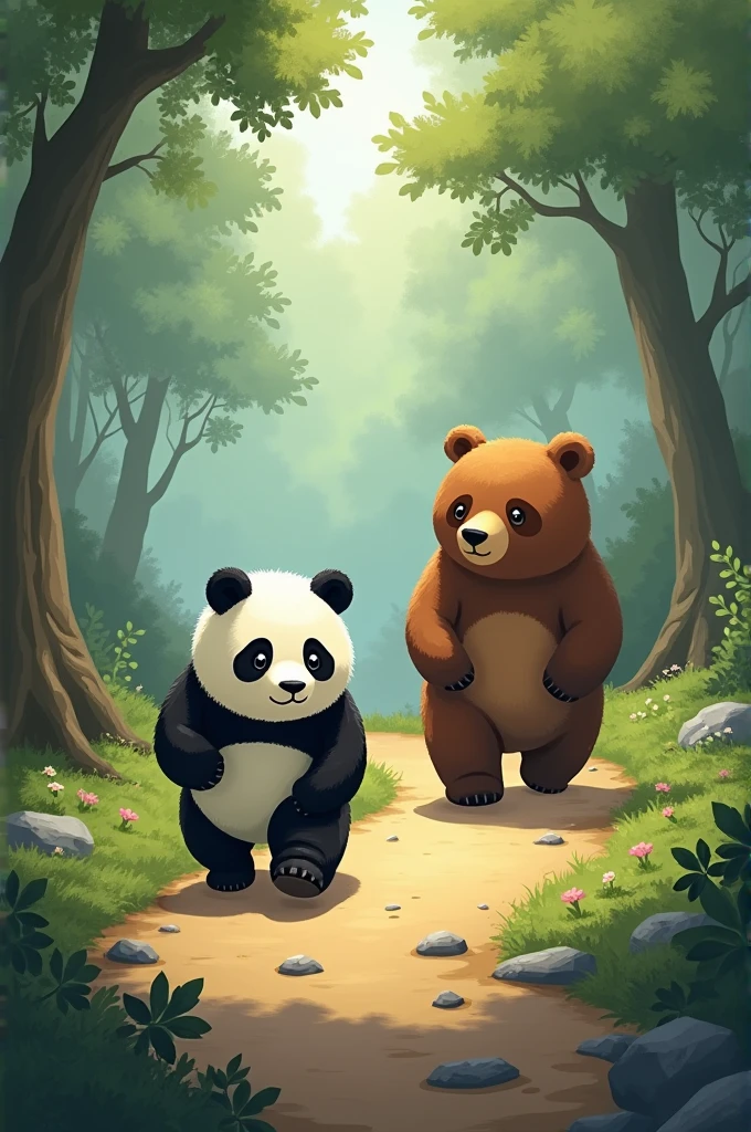 Make an image where a panda bear and a brown bear walk along a path facing small difficulties such as branches and stones.