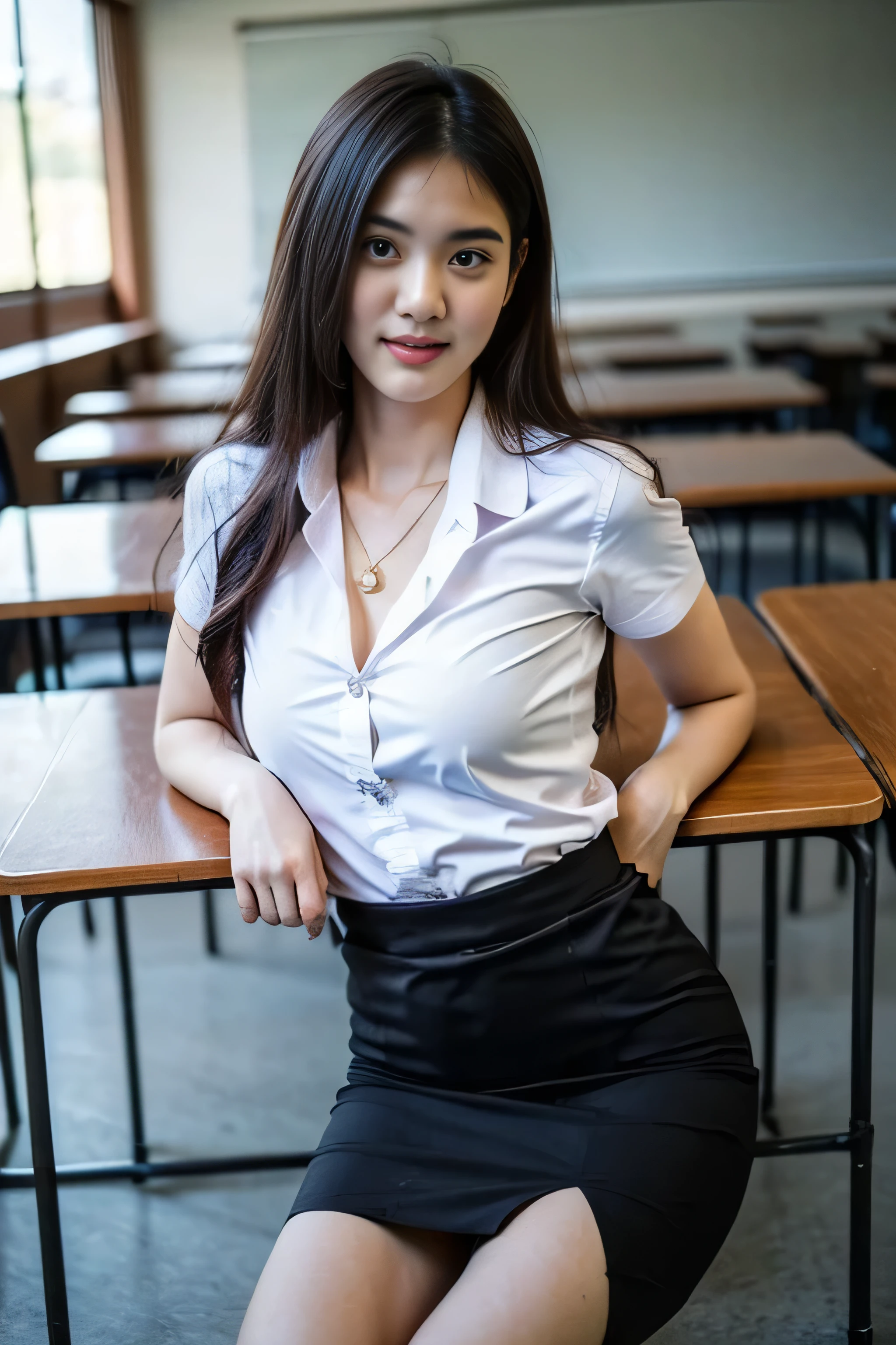 Beautiful girl with smooth skin, black hair, dark eyeshadow, gold pendant (beautiful bra, C shape), wearing a Thai student uniform, a white short-sleeved shirt, a black short skirt, a tight fit, standing and posing in a classroom. The background is a classroom, student desks and chairs. The most realistic picture.


