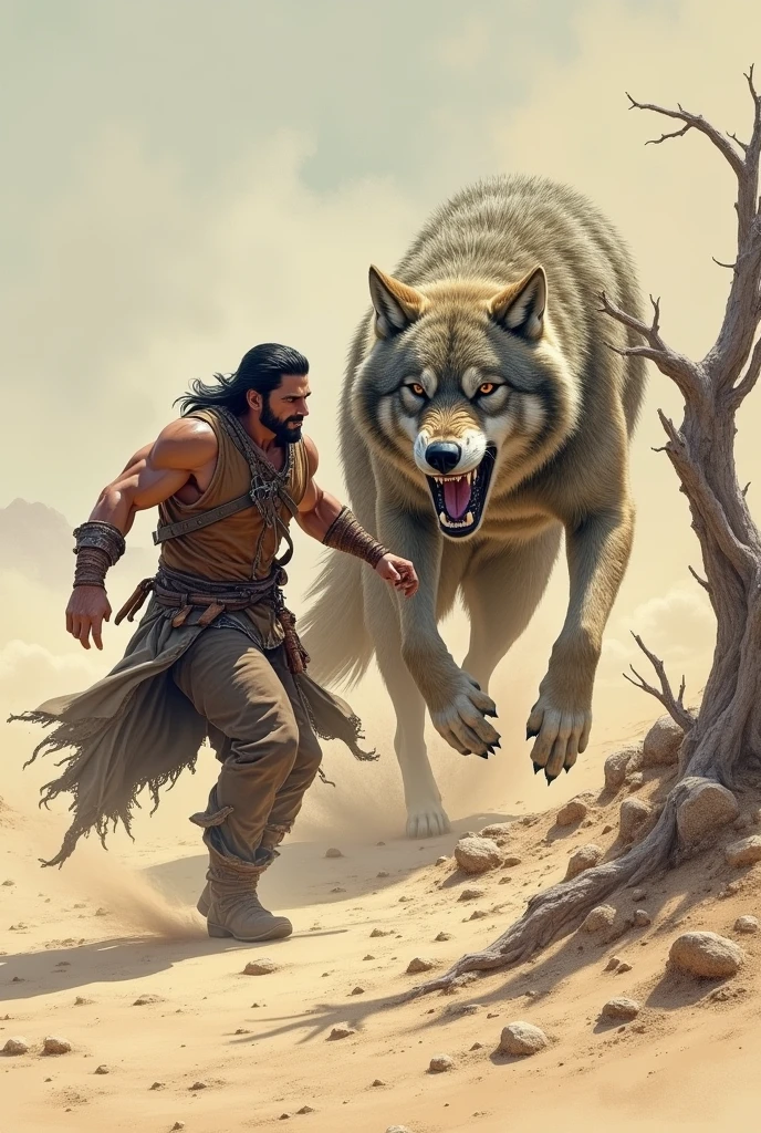 A man hits a wolf in the desert and saves a woman from the wolf in the desert.   This is a fierce wolf, normal drawing, good clarity, tree in the back.
