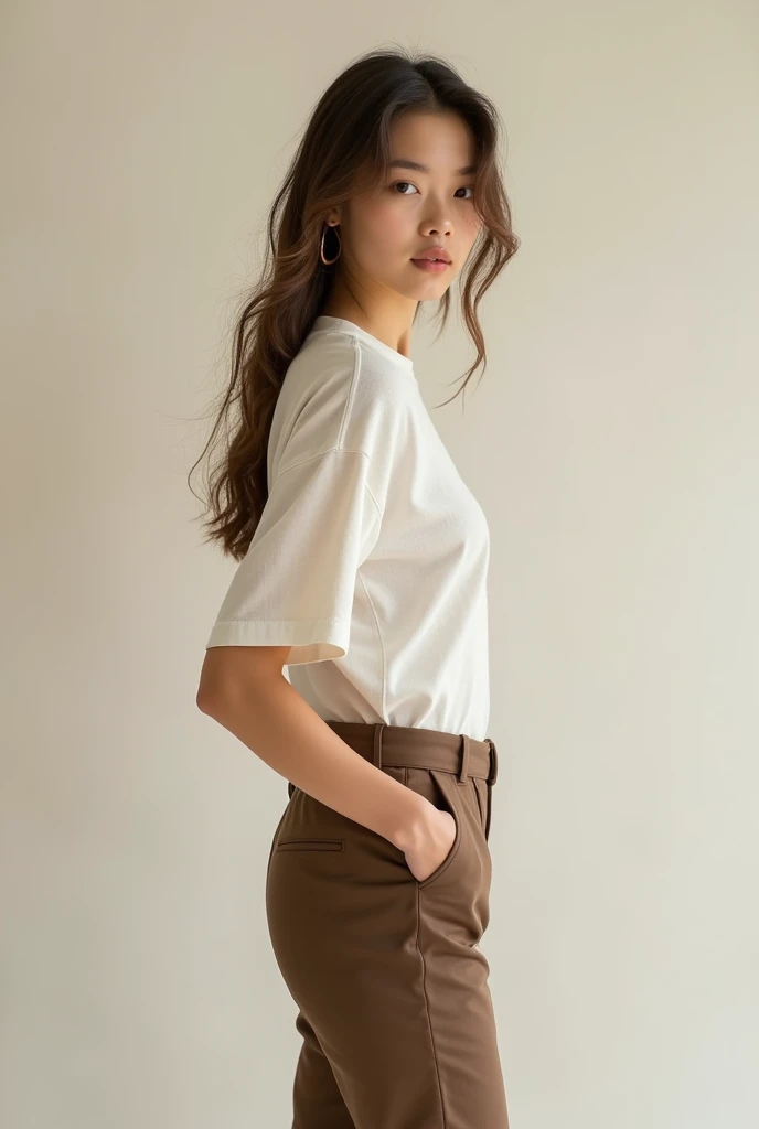 A girl wearing classy outfit,plain white tshirt of linen wool material, brown pant, brown boots