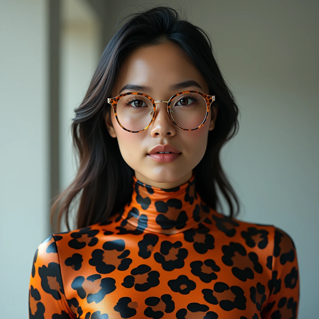 A beautiful Malay wearing glasses and a leopard print open face zentai suit made of spandex