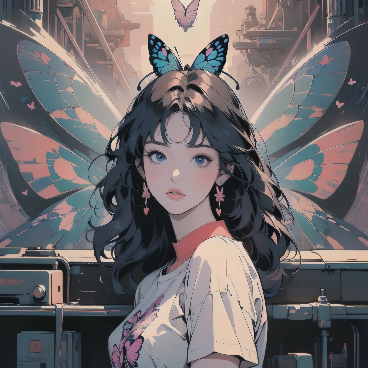 (((masterpiece, Highest quality)))、(((32K Wallpapers)))、The most detailed machine、(((The most complete and detailed red futuristic machine and a woman)))、The most detailed background、(((Flat Chest)))、(((Surrounded by many complex, sophisticated, futuristic machines)))、head shot,((((various pose))))、((Overall colorfully))、A perfect machine、(((Perfect Face)))、(((The most complete machine of the future)))、Detailed Hair、Short sleeve white T-shirt、Colorful hair color、(((Mechanical Butterfly)))