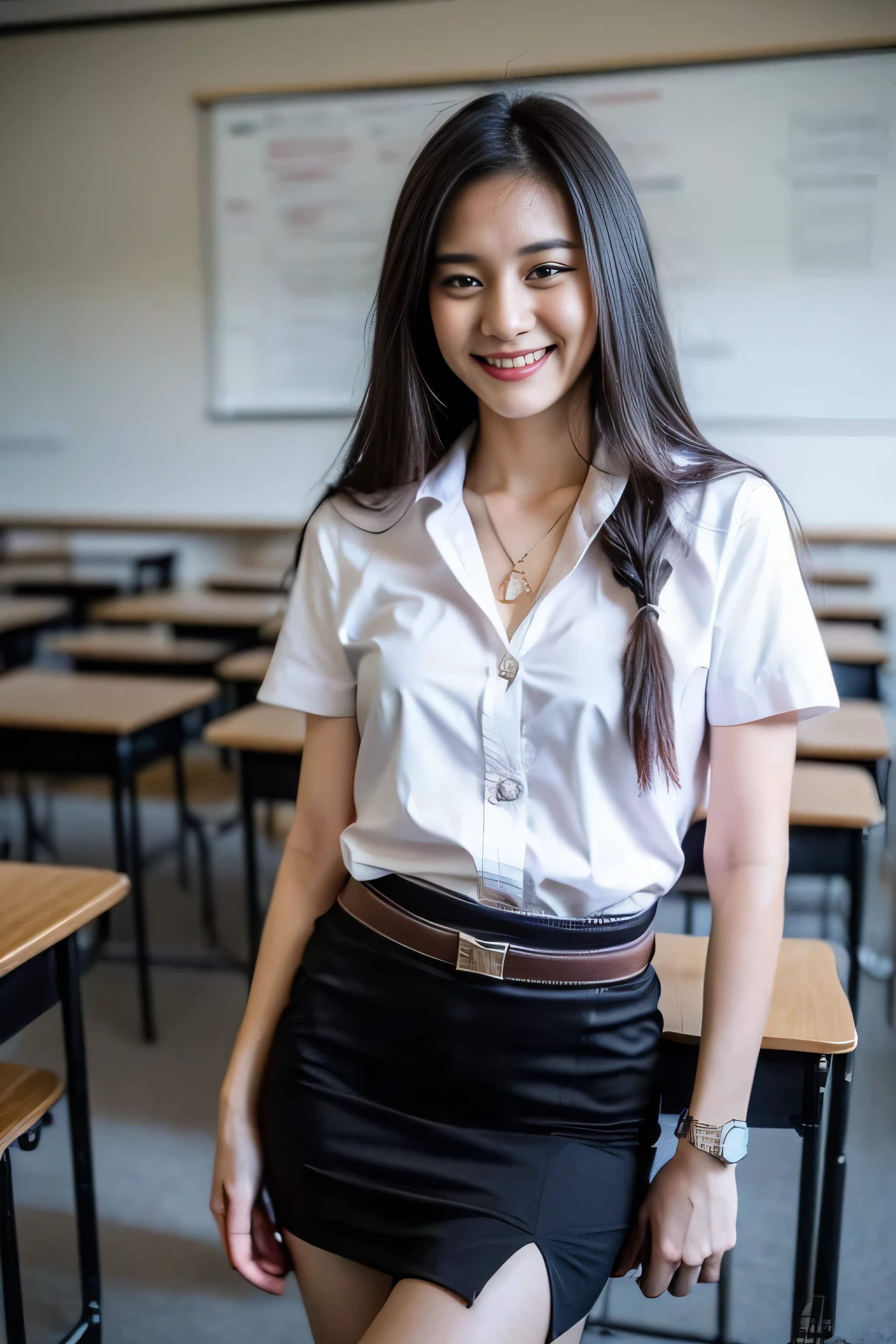 Beautiful girl with smooth skin, black hair, dark eyeshadow, gold pendant (beautiful bra, C shape), wearing a Thai student uniform, a white short-sleeved shirt, a black short skirt, a tight fit, standing and posing in a classroom. The background is a classroom, student desks and chairs. The most realistic picture.