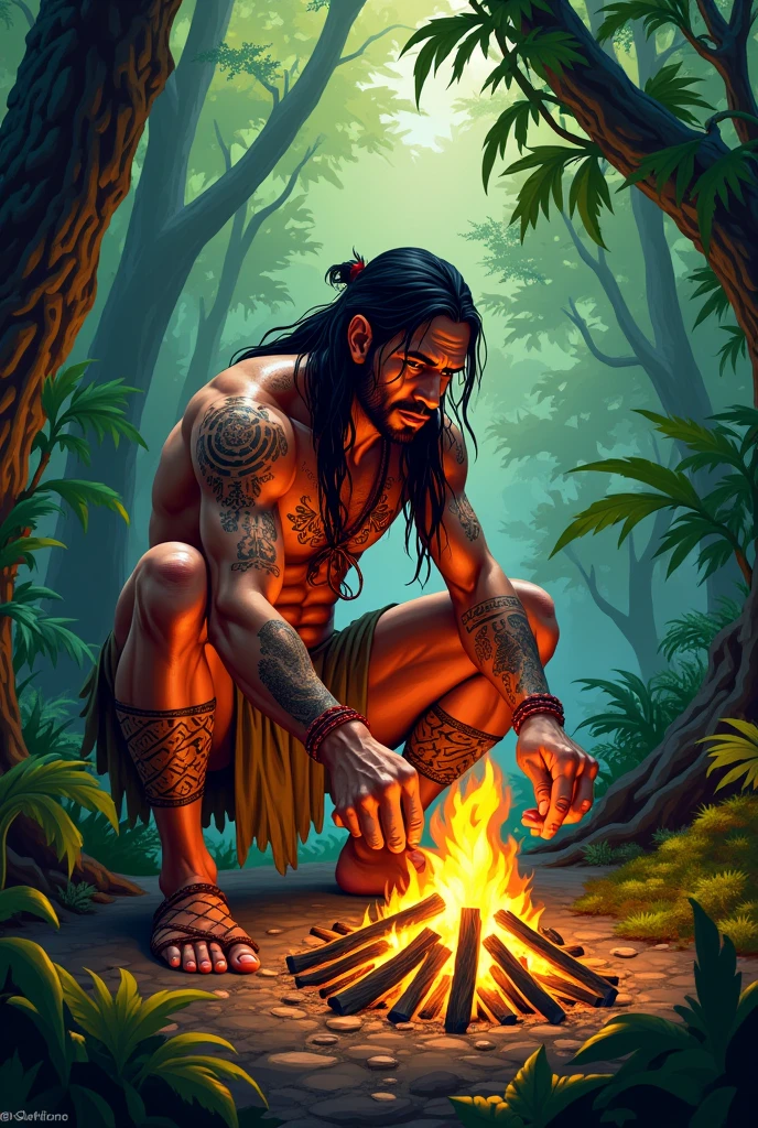 create an image of an indian lighting a fire in a forest for a comic book