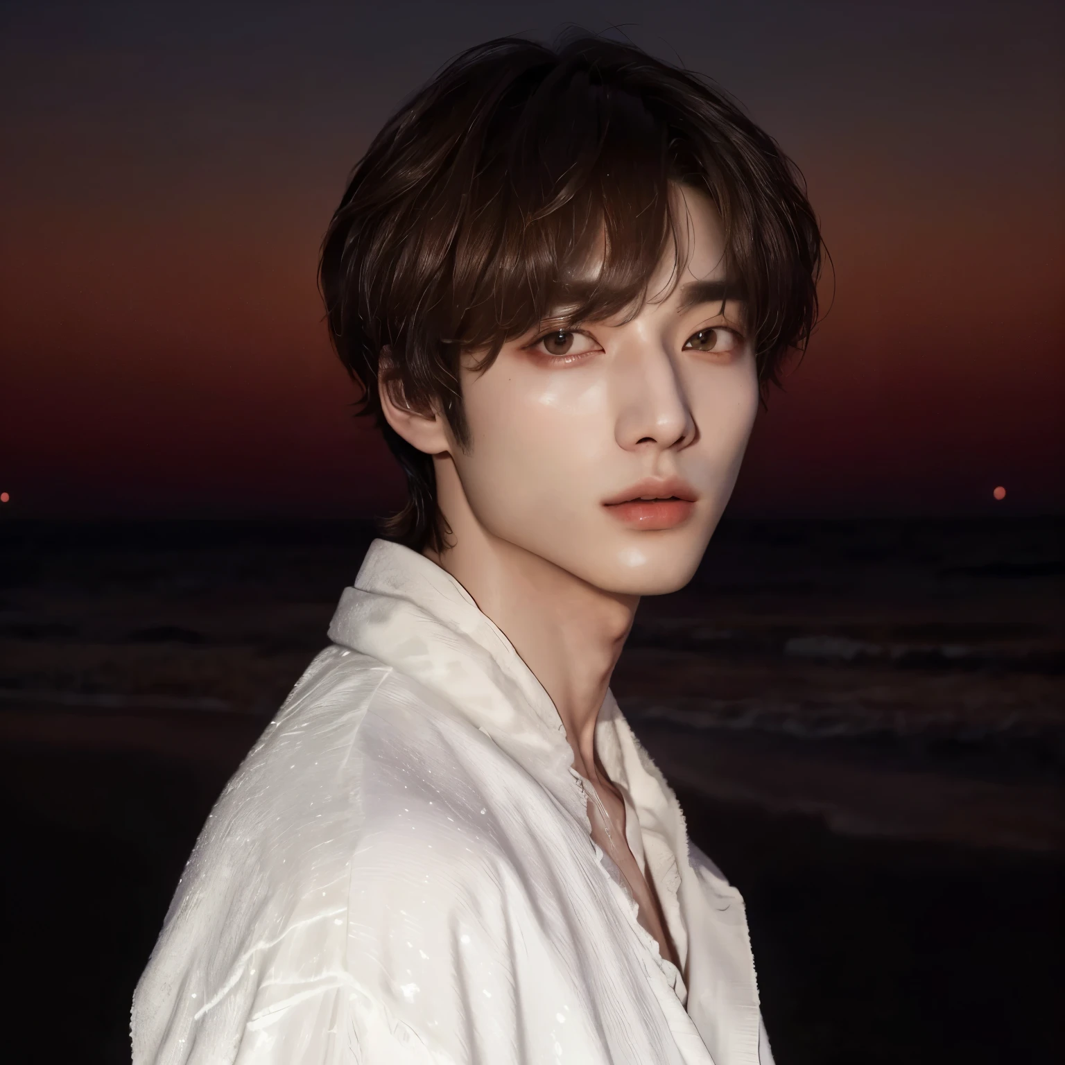 arafed image of a man in a white robe standing on a beach, choi beomgyu, tomorrow by together, thv, bts, choi beomgyu, with short hair, kim taehyung, beautiful androgynous prince, inspired by choi beomgyu, hyung tae kim, with high cheekbones