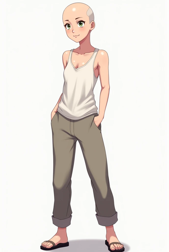 anime draw base 2d sprite, standing, casual tank top, pants, bald female, front view