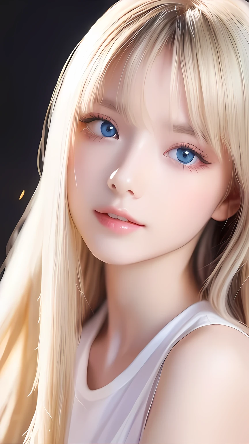 True Photo Quality、A beautiful girl、Extraordinary sexy beauty、Beautiful calm and bright expression、Sexy look、Perfect beautiful pretty face with bangs、Bangs between the eyes、Super long platinum blonde straight silky hair、blonde on a beautiful face、Very cute beautiful sexy young woman、Very perfect beautiful cute face、Beautiful, shining, very bright sky blue eyes、Very big eyes、Hair above the eyes、片Hair above the eyes、Hair between the eyes、Very bright and white skin、Cheek gloss、Small Face Beauty、round face、eyeliner