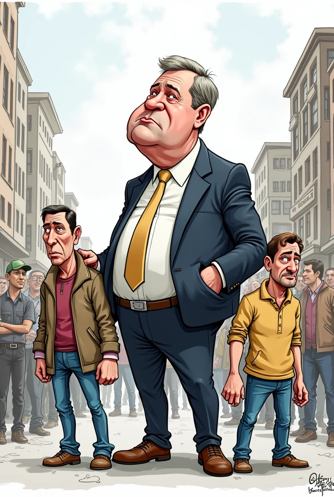 Crie uma charge em inglês com o tema:
Politician: "Another cut in public spending... who would have thought that saving money was so profitable!"

Citizen 1: "It seems the only cut he knows is our hope.
Citizen 2: "And our salaries too!"