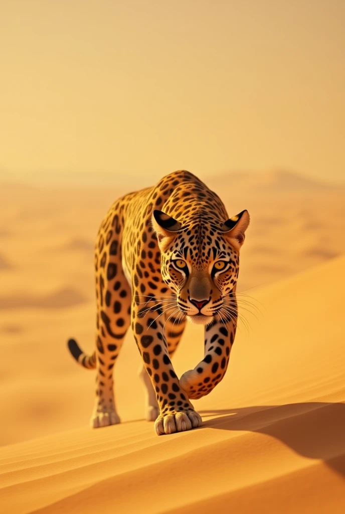 Jaguar of the dunes , short, sandy-colored coat, slim and sun-resistant body, wide legs with thick pads.