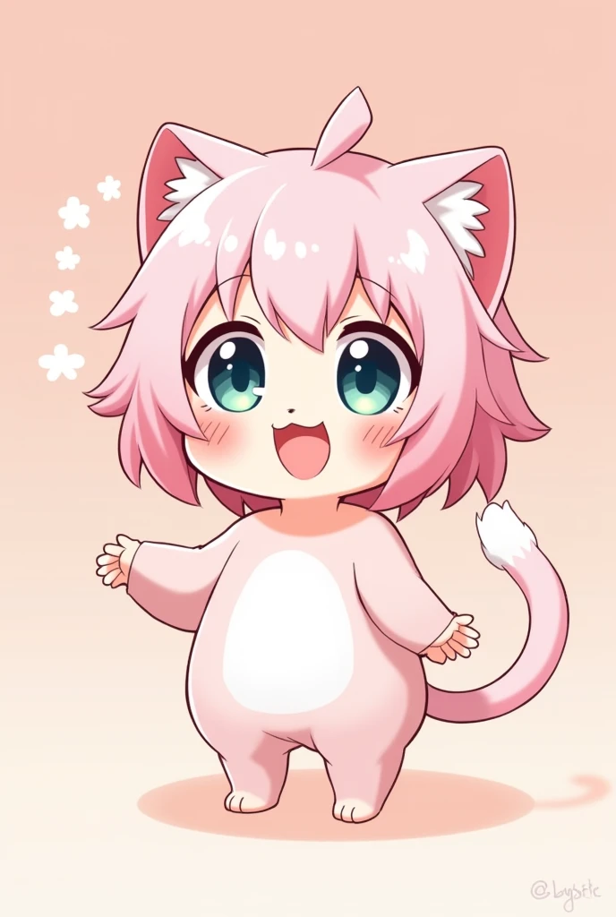 Create a 2d image of a cute smiling anime neko girl with pastel pink hair all excited