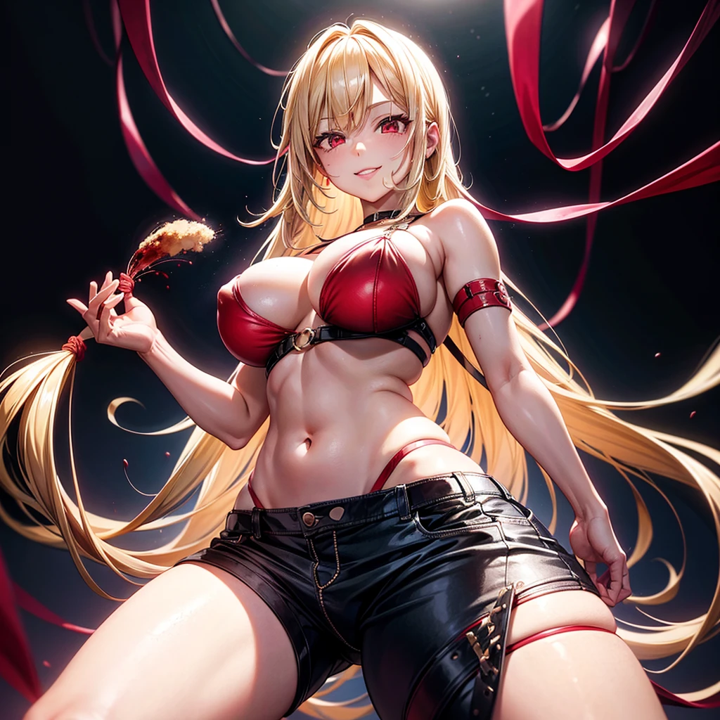 Score_9,score_7_up,source_anime,view from below,cowboy shot,looking at viewer,smile,parted lips,shaded face,2girl,,pink nipples,cleavel,thi ass,blonde,red eyes, Long r, hair covering eyes, white pajamas, shoulder straps slipped, head tilted, fingers on mouth, pants tucked in, pulling own clothes, leaning, abstract background, spotlight, red background, dark background, hemp The rope enters and blood splashes
