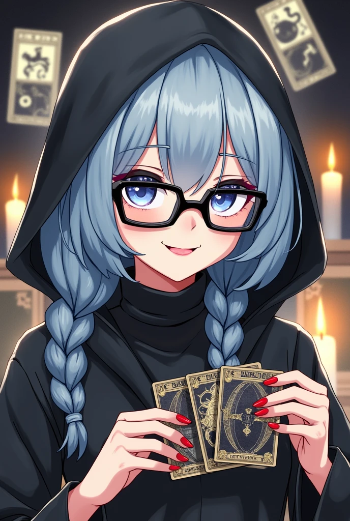 Tarot Cards,fortune teller,Mysterious Room,Light blue hair,Black-rimmed glasses,Red Nails,Mysterious smile.