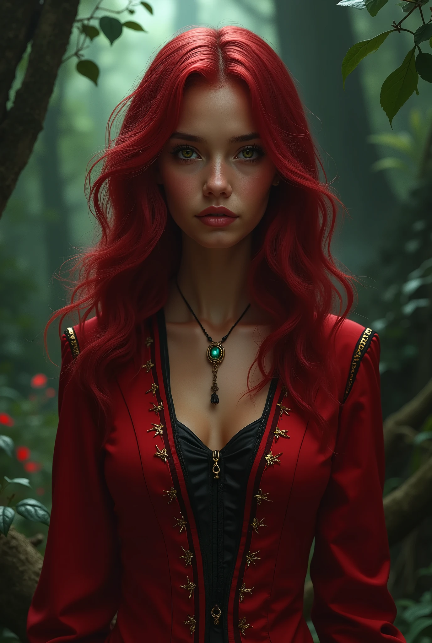 a girl from the waist up with dark skin with long wavy cherry-colored hair wearing a red outfit with black and gold details looking straight ahead with a dark enchanted forest background
