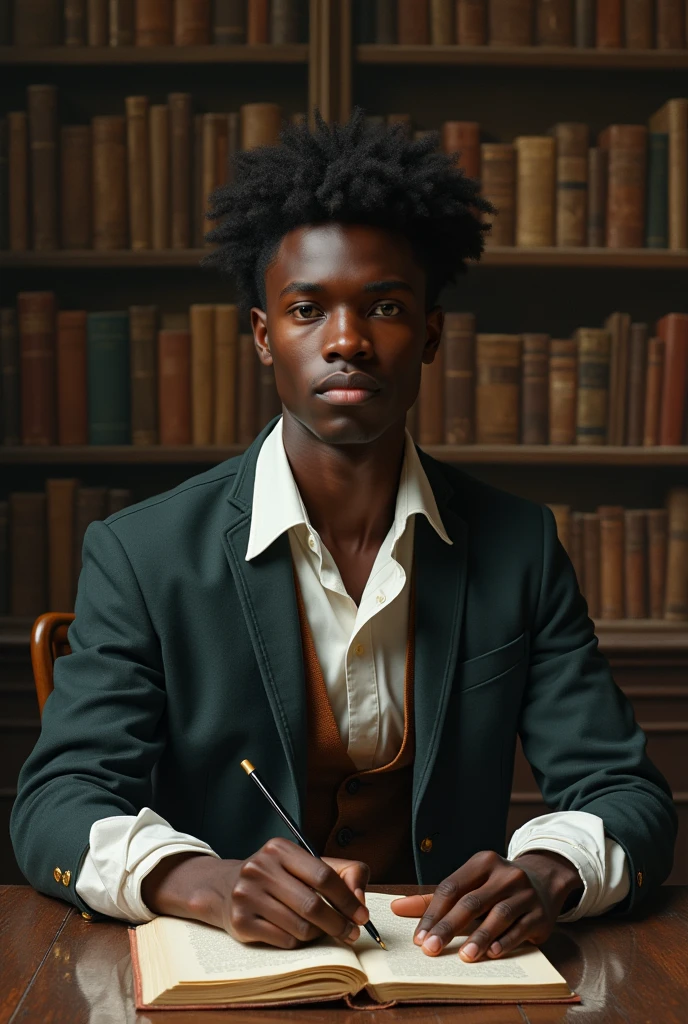 Make the image in the style of an oil painting in the style of the 16th-18th century, Enlightenment influence of a 22-year-old dark-skinned young man in a room with many books sitting at a table looking forward in a very wide space , do this inspired by the painting of Marquês de Pombal.