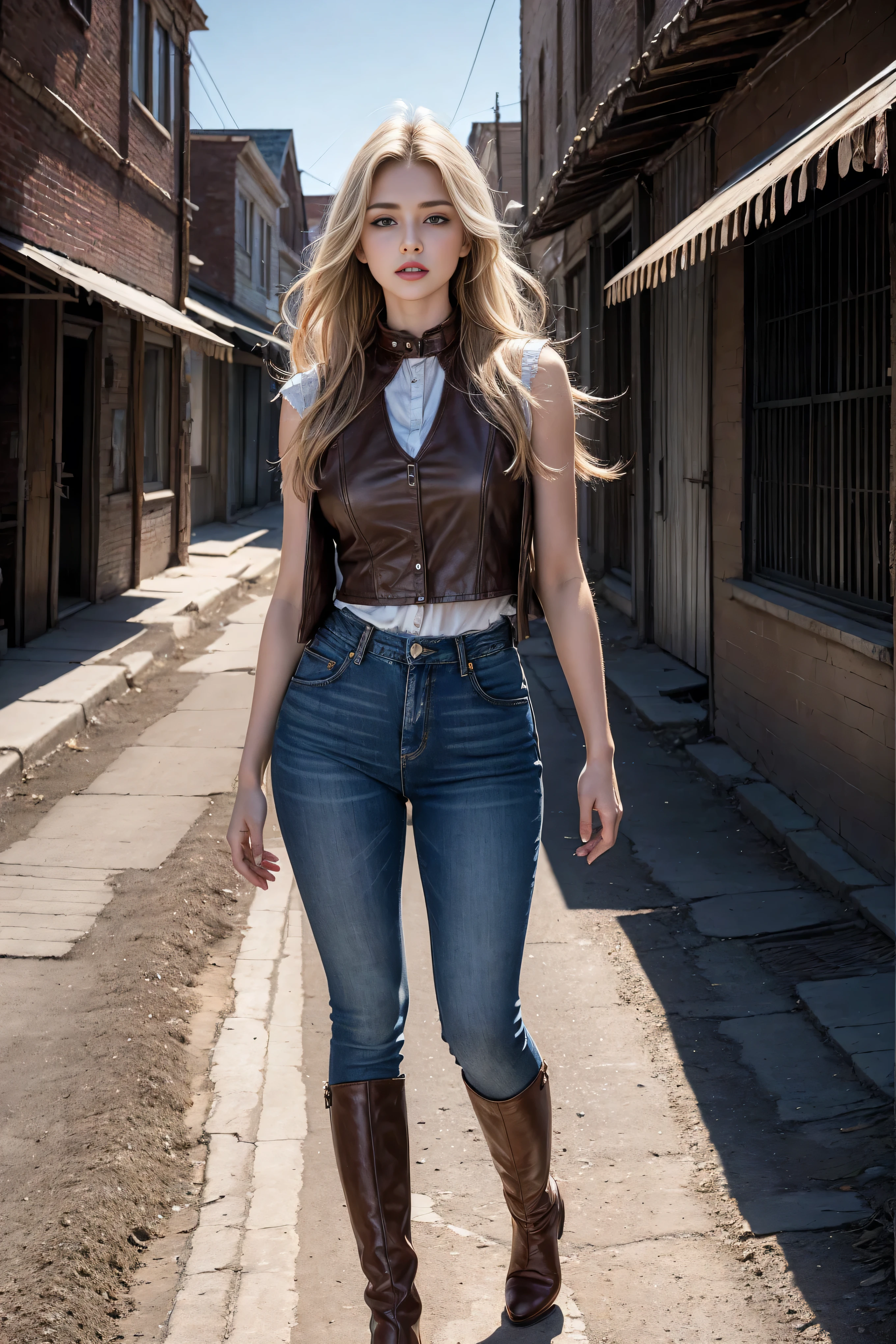 Woman wearing denim clothing, circa 1880s, Long straight blond hair, Brown eyes, High arched eyebrows, Slender and graceful neck, Red lips, Large Breasts, Brown Leather Leggings, Sleeveless Brown Leather Vest, Leather Boots, Walking on the dusty sandy streets of a deserted North American town，The wind blew through her hair, Practical, photoPractical, photoPractical, Fear, Dark atmosphere and dramatic lighting, Dark Red, Foggy environment, Detailed facial expressions, Thick fog