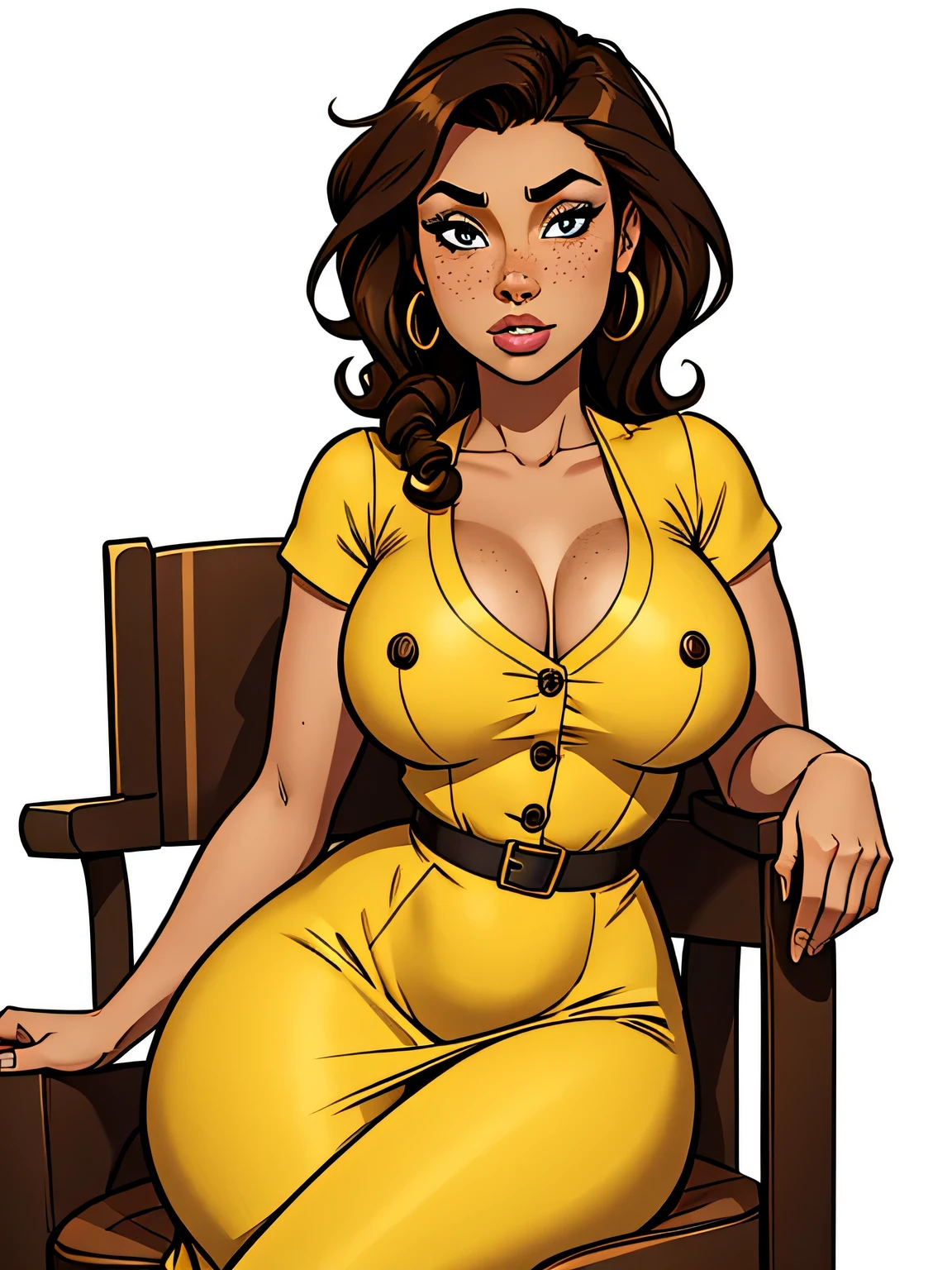 Thin woman, age 25, 4K (High definition), thoughtful, seducing gaze, eyes browns, wearing a yellow dress with a boat neck (with golden buttons) and short sleeves, arms positioned at the side of the body, brown skin, black curly hair to the shoulders, sitting in a chair, full of curves with freckles on her chest and neck, round breasts. High-quality Marvel style, white background.