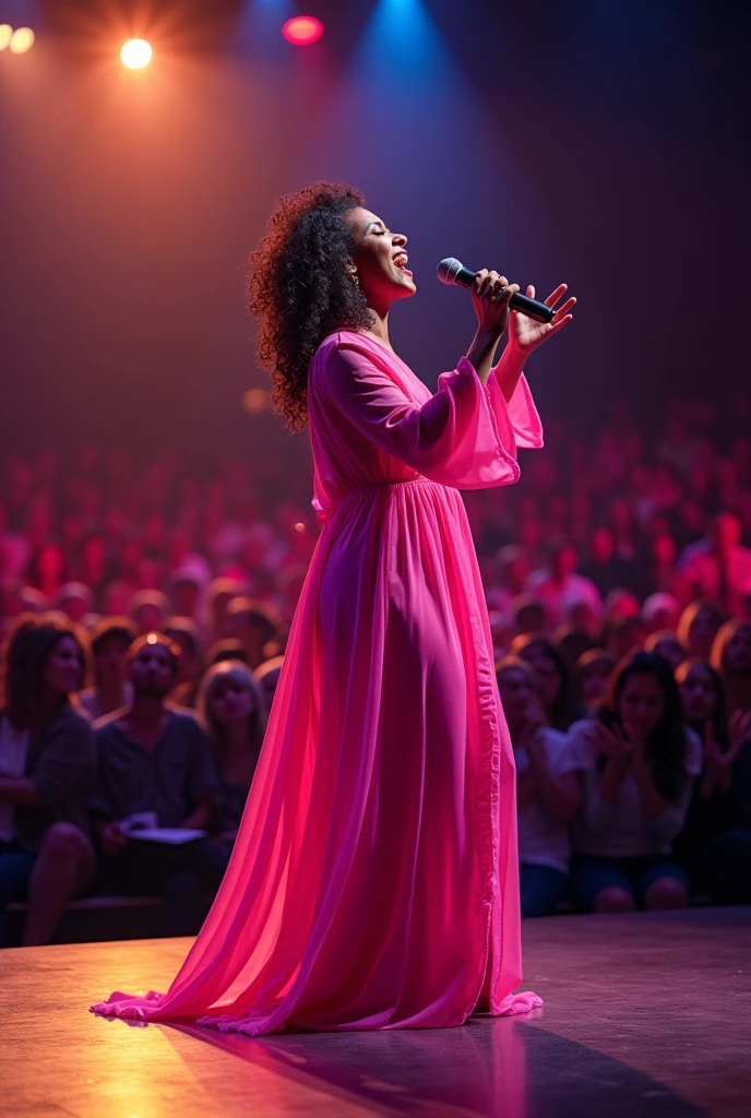 Singer Cassiane performing for a crowd, Wearing a pink dressing gown 
