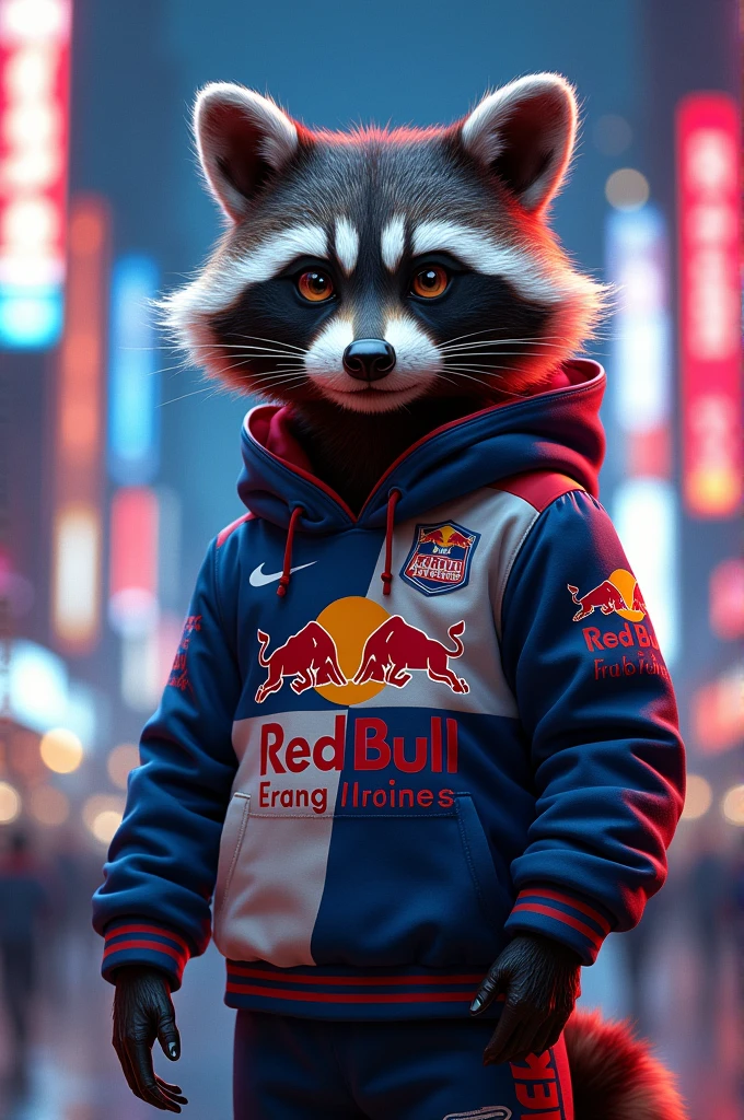 Mapache con uniforme de Redbull