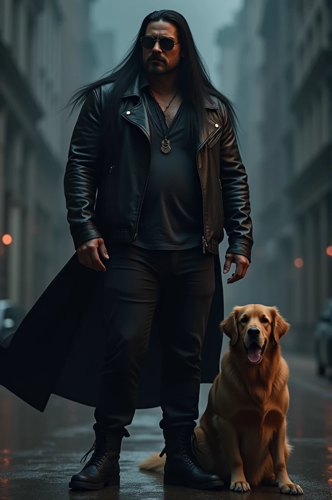 2 meter tall man, black hair, smooth,  long,  below the waist parted in the middle like the hair of a North American Indian, Strong face. with prominent cheekbones, wearing sunglasses, thinking about 150 kg, muscular man wearing a black leather jacket, biker style, standing next to a golden Golden Retriever, in the middle of the night 