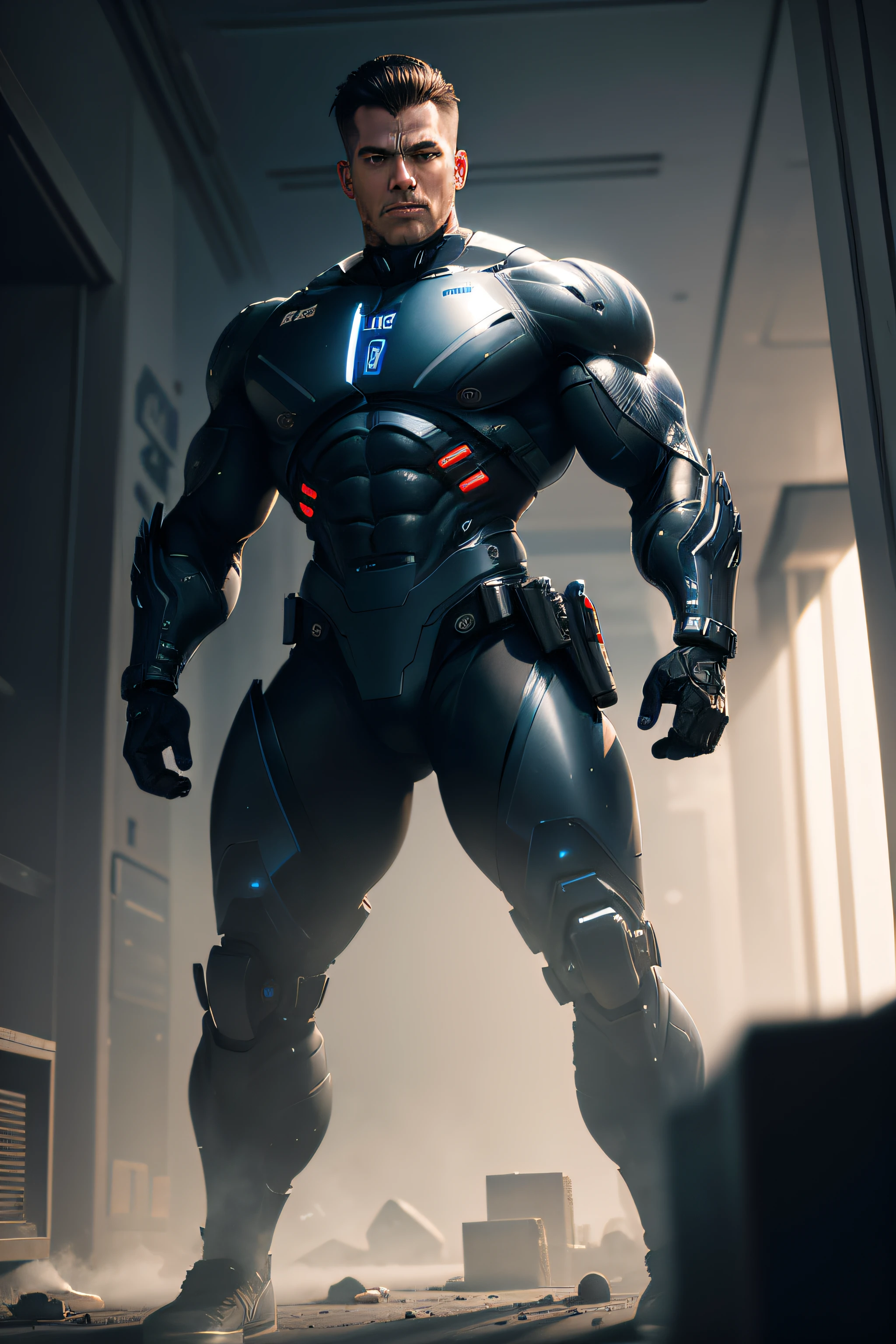 A full-body cyborg police officer, fully exposing the shoulders, with a cinematic 8K look on a neutral background. Incredibly strong and detailed, with black eyes.
