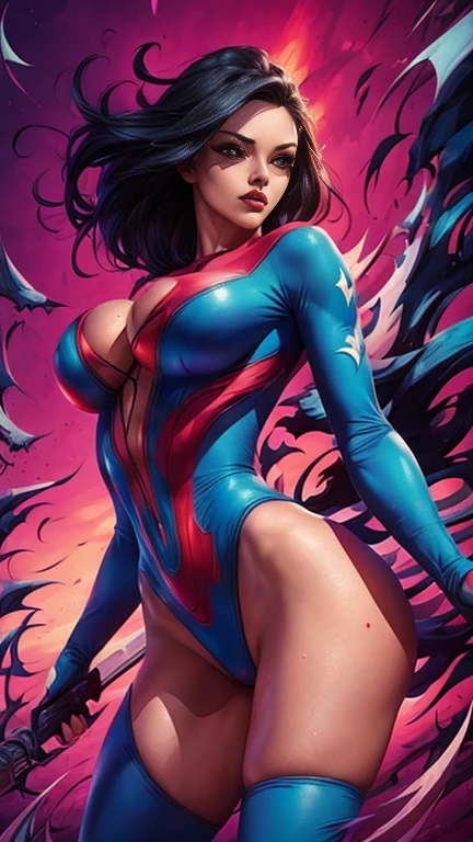 1girl,Latina, Adult Model Daisy Marie,cel shading,bold outlines,flat colors,sharp shadows,graphic style,(manga influence),clean linework,(striking visuals),multicolored background