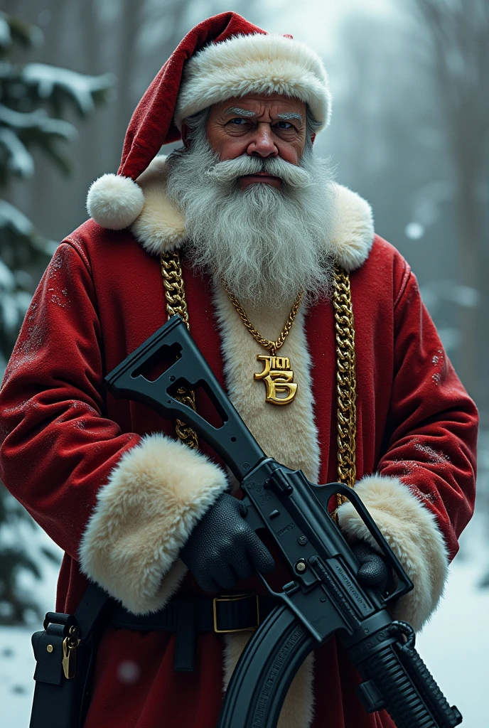 create a santa claus with an ak in his hand and a gold chain I have a pendant that says john PP