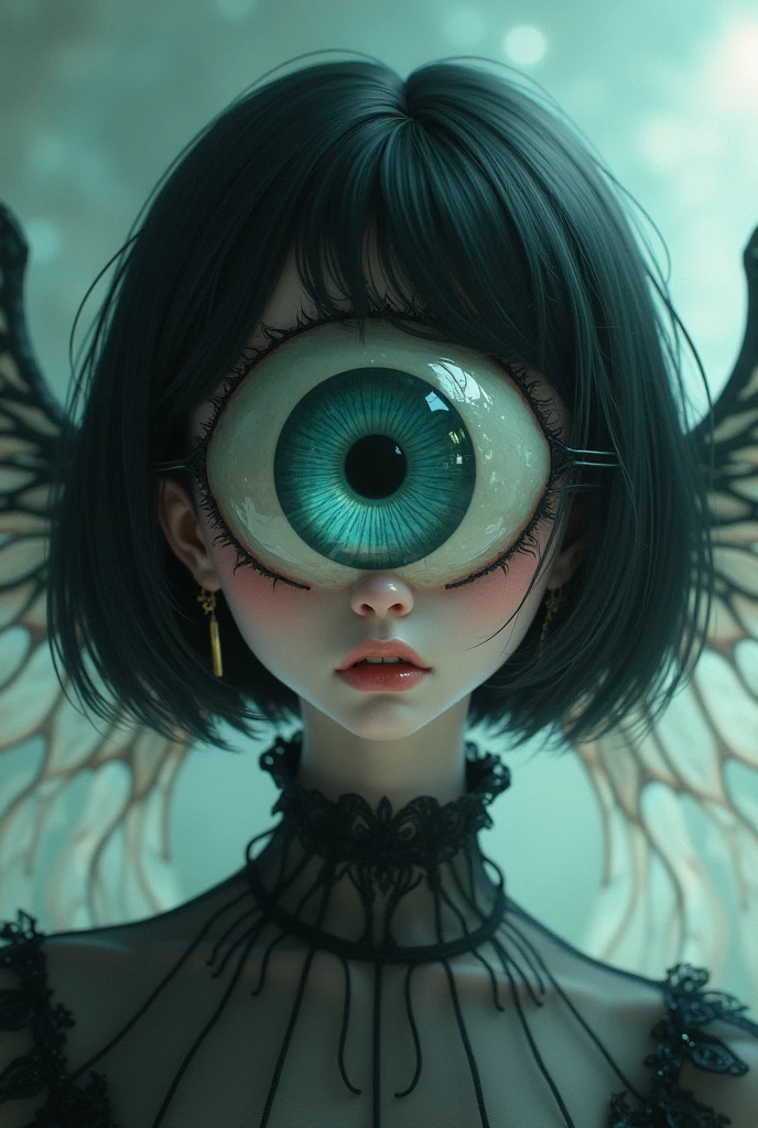 dreamcore girl with one black eye giant  on his face, short black hair, she has only one giant eye, and around the eye there are wings  