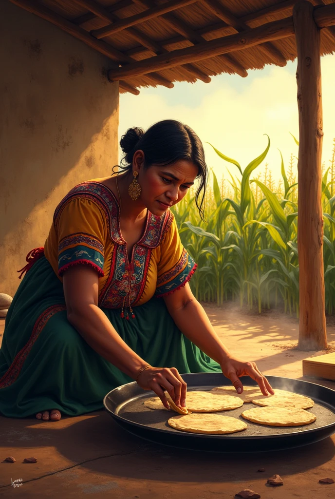 Mexican woman making tortillas on a comal on the floor under a shed, in the background you can see a corn crop and a sunset