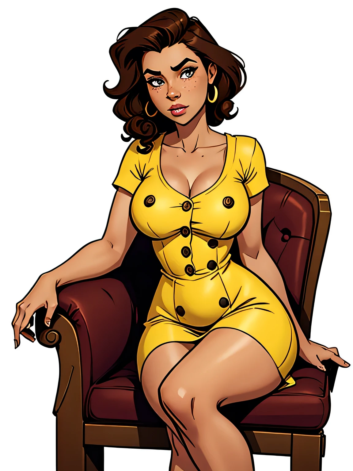 Thin woman, age 25, 4K (High definition), thoughtful, seducing gaze, eyes browns, wearing a yellow dress with a boat neck (with golden buttons) and short sleeves, arms positioned at the side of the body, brown skin, black curly hair to the shoulders, sitting in a chair, full of curves with freckles on her chest and neck, round breasts. High-quality Marvel style, white background.