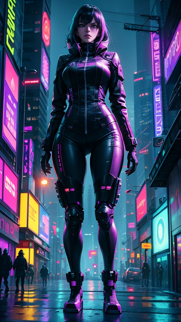 a cyberpunk city, neon lights, futuristic architecture, moody atmosphere, rainy night, glowing holographic advertisements, flying cars, android woman, implants, dark shadows, chrome details, industrial machinery, dystopian, cinematic lighting, vibrant colors, (best quality,4k,8k,highres,masterpiece:1.2),ultra-detailed,(realistic,photorealistic,photo-realistic:1.37),cinematic,dramatic