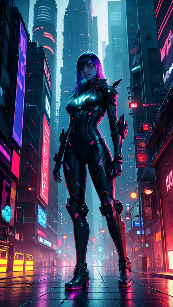 a cyberpunk city, neon lights, futuristic architecture, moody atmosphere, rainy night, glowing holographic advertisements, flying cars, android woman, implants, dark shadows, chrome details, industrial machinery, dystopian, cinematic lighting, vibrant colors, (best quality,4k,8k,highres,masterpiece:1.2),ultra-detailed,(realistic,photorealistic,photo-realistic:1.37),cinematic,dramatic