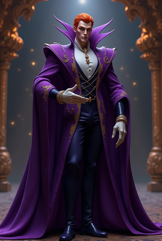 Disney male villain inspired by Izma and Maleficent with reddish hair and purple clothing with shiny and elegant details that highlight his full-body creativity