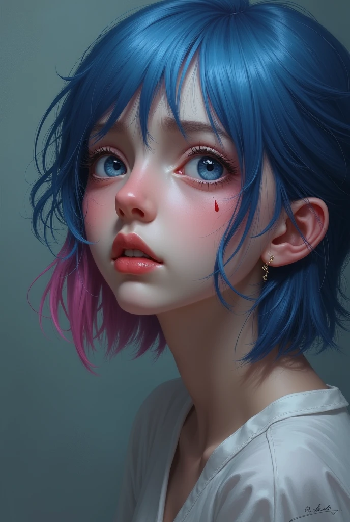 One with blue and pink hair, with a sad face