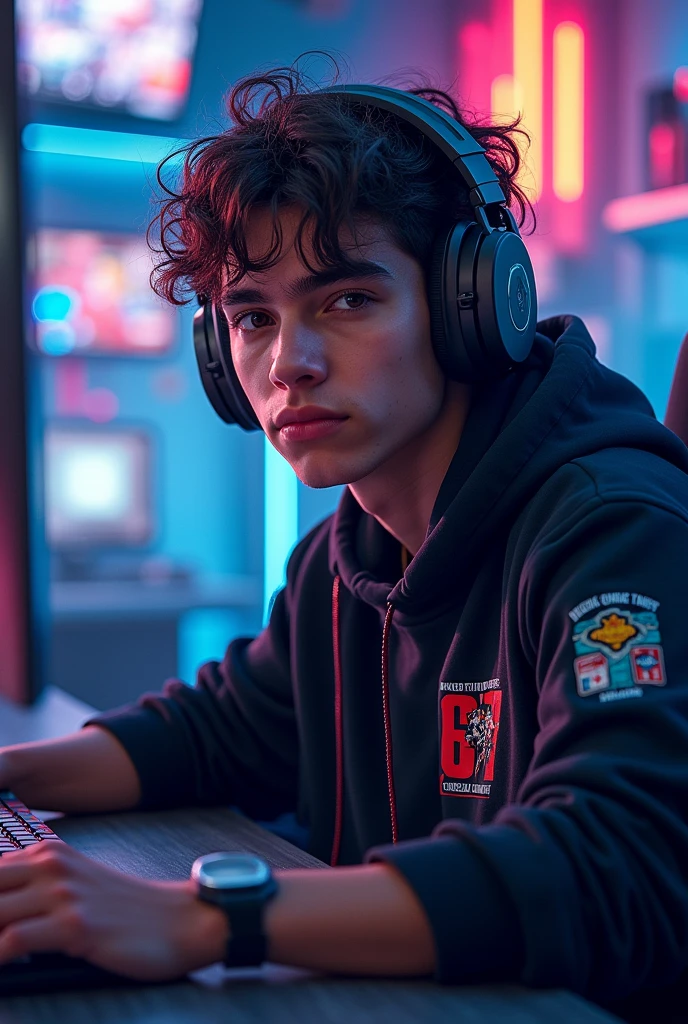 Make an image focused on a professional fps player using the name Cardousser in the center and focusing heavily on the background, highlighting it