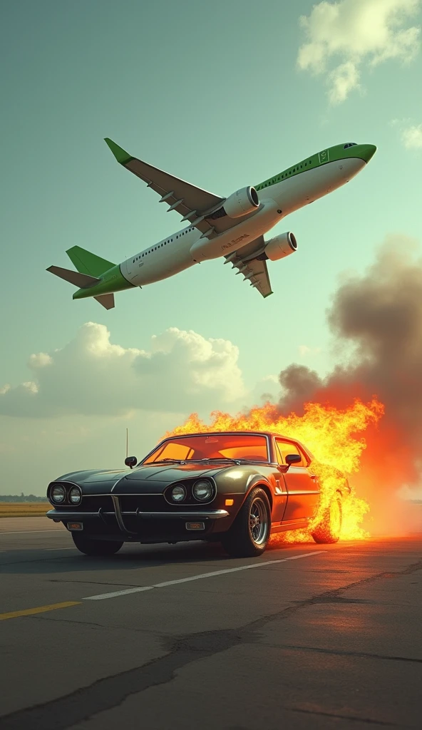 A burning car, shaped like a dog, is parked on the runway. In the background, a green and white plane has just taken off, rising into the sky and leaving a trail of smoke. The image highlights the contrast between the intense fire and the calm of the plane in motion.