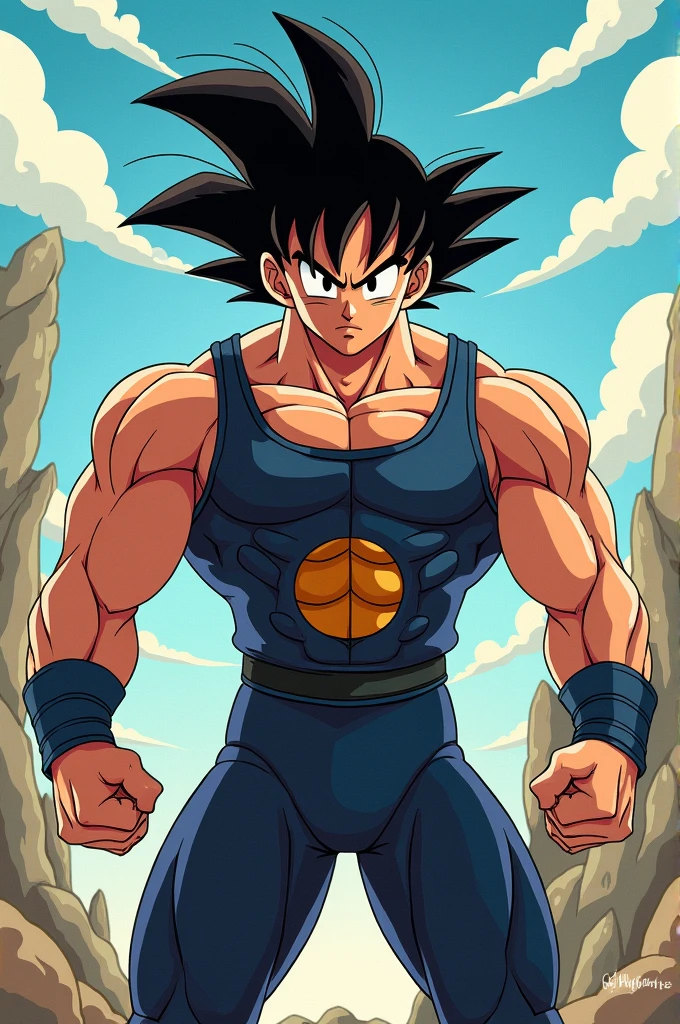 Draw Son Goku in a Dragon Ball cartoon style wearing tight wrestling suits