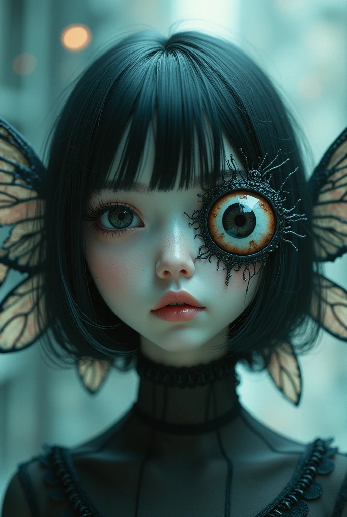 dreamcore girl with one black eye giant  on his face, short black hair, she has only one giant eye, and around the eye there are wings  
