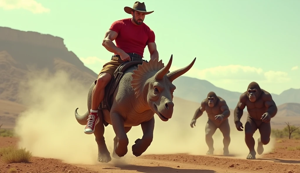 Muscular man wearing a shirt with long shorts Long loose shorts With pockets on the sides with converse sneakers red T-shirt and brown shorts Long short, Normal musculature Riding at high speed a triceratops at high speed wearing a cowboy hat while being chased by half-gorilla kaijins Western style